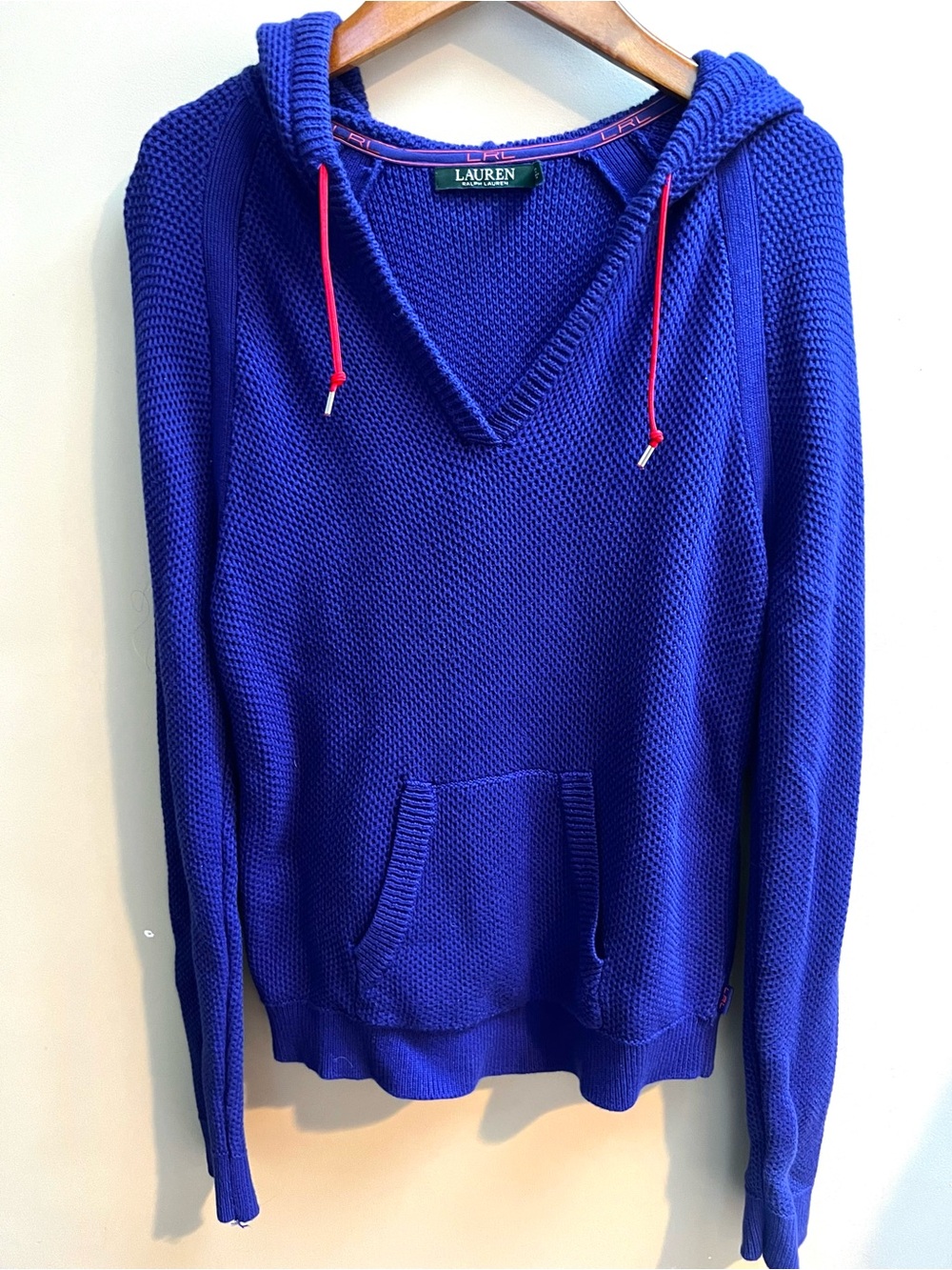 Ralph Lauren womens V-Neck Hooded Knit Sweater in Royal Blue with Red Drawcords